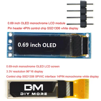 0.69 İnç OLED Monokrom LCD Modülü Kontrol Çipi Ekran Modülü SPI / IIC Arayüzü Beyaz Ekran LCD Module3.3V Çözünürlük 96*16