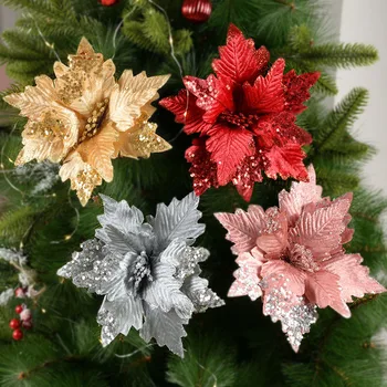 1/2 adet 25cm Glitter Yapay Noel Çiçekler Atatürk Çiçeği Çiçekler Noel Ağacı Süsler Merry Christmas Dekorasyon Yeni Yıl Hediye