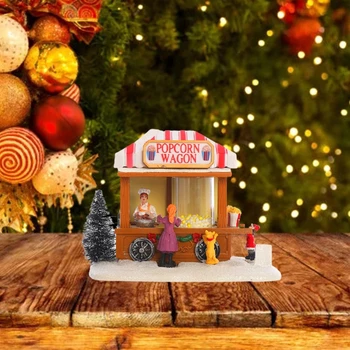 1 Adet Noel LED Işıklı Ev Reçine Patlamış Mısır Vagon Süs Müzikal Animasyonlu yemek arabası Köy Sahne Noel Partisi dekorasyonu