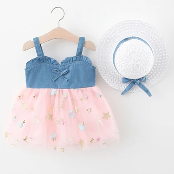 2 Adet Yaz Bebek Kız Giysileri Kore Moda Dantel Örgü Kolsuz Sevimli Bebek Prenses Elbise + Sunhat Yürümeye Başlayan Elbiseler BC2214-1