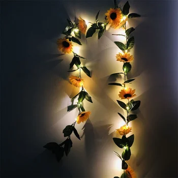 2 M 20LED yapay ayçiçeği dize ışıkları Akülü çiçek peri ışıkları Yeşil yaprak bitkiler düğün çelengi dekorasyon