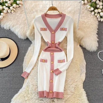 2021 Sonbahar Kış Yeni Kore Moda Tatlı Örme Kazak Elbise Kadın Kılıf Bodycon Mini Elbise Dipli Robe Femme Vestidos
