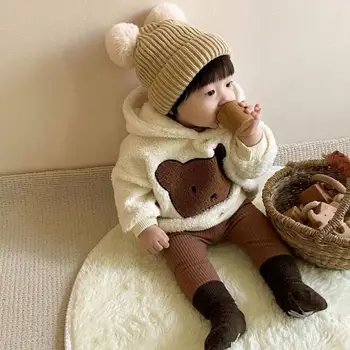 2021 Yeni Bebek Kış Polar Hoodie Erkek Sevimli Karikatür Ayı Kapüşonlu Sweatshirt Bebek Kız Peluş Üstleri Kalın Sıcak Bebek Giysileri