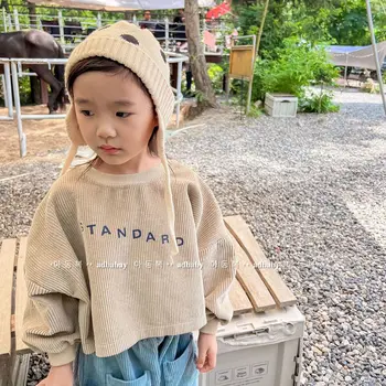 2022 Yeni Çocuk Kadife Kazak Sonbahar Bebek Uzun Kollu T Shirt Moda Erkek Kız Mektup Baskı Kazak Çocuk Gömlek