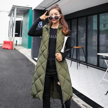 2022New Kış Aşağı Pamuk Kapşonlu Yelek Kolsuz Yelek Gevşek Yelek Siyah Uzun kadın sonbahar ceket Kadın Temel Mont Kalın