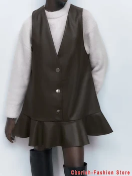2023 Moda Katı Suni Deri Mini Elbise Kadın Kolsuz Tek Düğme V Boyun Yelek Elbise Kadın Zarif Mujer Vestido