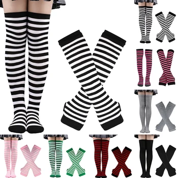 4 adet Kadın Kızlar Diz Üzerinde Uzun Şerit Baskılı Uyluk Yüksek Çizgili Pamuklu Çorap Eldiven Tatlı Sevimli Overknee Çorap Uzun Eldiven