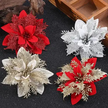 5 adet Noel yapay çiçekler Glitter Sahte Çiçekler Merry Christmas Süslemeleri Ev İçin 2022 Noel Süsler Yeni Yıl Dekor