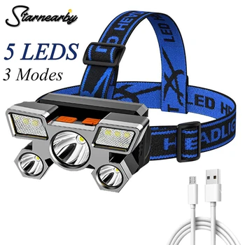 5 LED Far COB LED Kafa Lambası 4 Modu El Feneri USB şarj edilebilir kafa lambası ve 18650 Pil Açık Gece Kamp Far