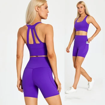 ABS LOLİ Sıkı Naylon Yoga Seti Spor Takım Elbise Yastıklı Kırpma Üst Sutyen Cepler Spor Şort 2 Parça Set Egzersiz Kıyafet Spor Giyim