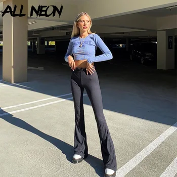 ALLNeon 90s Estetik Yüksek Bel Siyah Flare Pantolon Y2K Streetwear İnce Tam Boy Temel Pantolon Merkezi Goth uzun pantolon Kadın