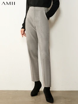AMİİ Minimalizm Sonbahar Vintage kadın pantolonları Moda Yüksek Bel Ekose Düz Ayak Bileği uzunlukta Kadın Pantolon 12070441