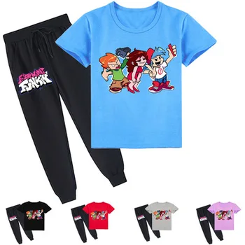 Anime Cuma Gecesi Funkin T Shirt Çocuk kısa kollu tişört + koşu pantolonları 2 adet Set Erkek Bebek Spor Yürümeye Başlayan Kızlar Kıyafetler