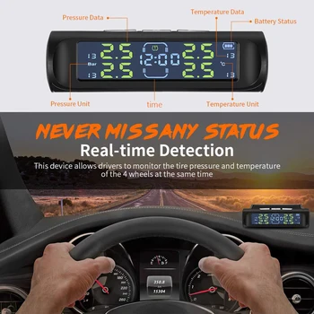 Araba Güneş TPMS Saat İzleme Alarm Sistemi Kolayca Kurulum AN-01D 2 in 1 LCD Lastik Basıncı Kişisel Araba Elemanları