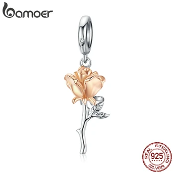 bamoer 3D Gül Çiçek Kolye Charm 925 Ayar Gümüş Gül Altın Renk Charms Bilezik veya Kolye DIY Ayçiçeği Takılar