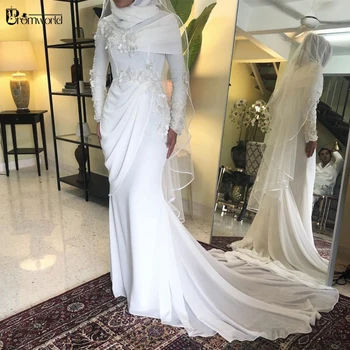 Beyaz Mermaid Müslüman Gelinlik 2021 Dantel Çiçekler Şifon Uzun Kollu Başörtüsü Gelinlikler Gelin Elbise Robe De Mariee