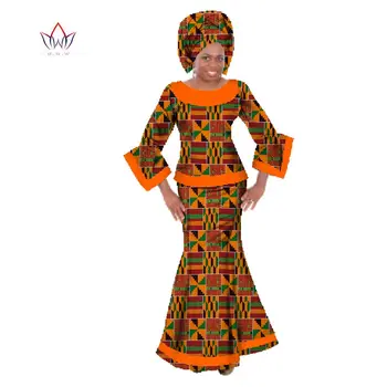 Bintarealwax Kadınlar 2 Parça Setleri Dashiki Kırpma Üst ve Etekler Geleneksel afrika kıyafeti Bazin Ücretsiz Headtie Afrika Setleri WY064