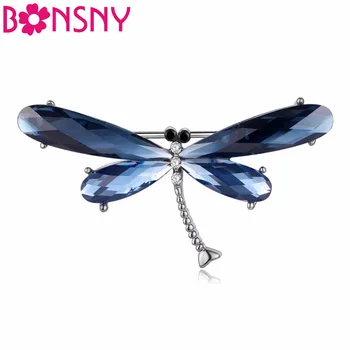 Bonsny Alaşım Kristal Mavi Yusufçuk Broş Kadınlar Için Broş Pin Takım Eşarp Dekorasyon Yeni Moda Böcek hayvan figürlü mücevherat