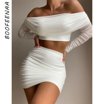 BOOFEENAA Beyaz Örgü 2 Parça Set Kapalı Omuz Kırpma Üst Mini Etekler Seksi Kıyafetler Kadın Parti Kulübü Bodycon Elbise Setleri C16-CG21