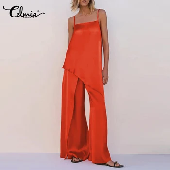 Celmia Saten Moda 2 adet Setleri Kadınlar 2022 Yaz Kolsuz Asimetrik Sling Üst ve Geniş Bacak Pantolon Takım Elbise Streetwear Pantolon setleri
