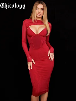 Chicology 2021 Kadın Sonbahar Kış Hollow Out Kırmızı Seksi Uzun Kollu Midi Bodycon Sıkı Moda Düz Parti İpli Elbise