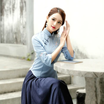 Chinois Üstleri Camisa Çin Mujer Kostüm Cheongsam Bluz Vetement Çay Takım elbise Geleneksel Çin Giyim Kadın Gömlek Qipao