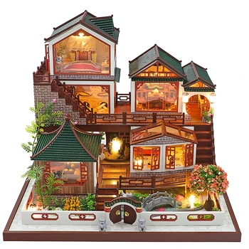 DIY Ahşap Bebek Evi Kiti Minyatür Mobilya Çin Villa Çatı Casa Villa Dollhouse Oyuncaklar Yetişkin Kız İçin noel hediyesi