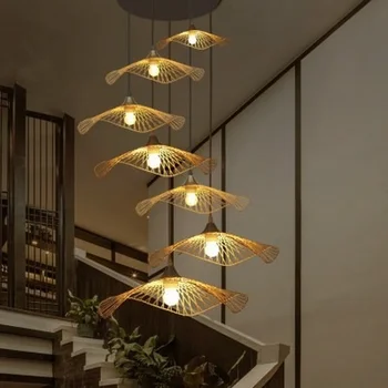 El yapımı Bambu Avize Yaratıcı Sanat Çok kafa Lotus Yaprağı Oturma Odası Yemek Odası Dekoratif Avize
