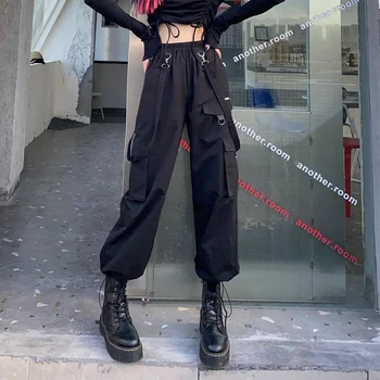 Emo Alt Siyah Kargo Pantolon Kadın Streetwear Harajuku Gotik Yüksek Bel Pantolon Techwear Kpop Büyük Boy Sonbahar Kış Gevşek Pantolon