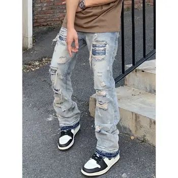 Erkekler Vintage Hip Hop Streetwear Alt Kot Düz Yırtık Peri Grunge Geniş Bacak Pantolon Denim Pantolon Düşük Bel Büyük Boy Elbise