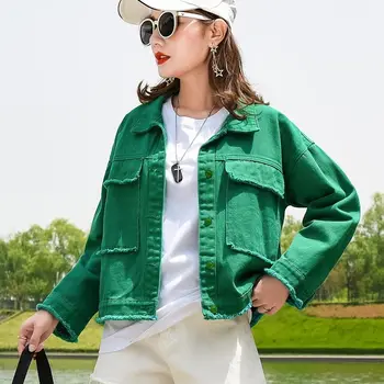 Gevşek Denim Kısa Ceket Kadın Kore 2021 Yeni Şeker Renk Kırpma Jean Ceket Moda İnce Tasarımcı Jean Ceket kadın