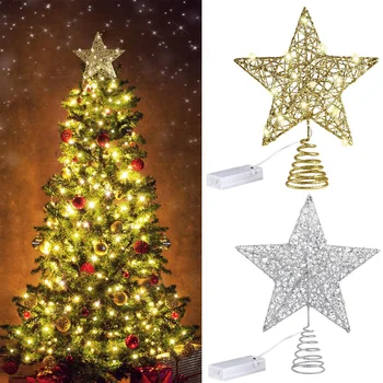 Glitter Metal yılbaşı ağacı Topper yıldız 22LED peri ışıkları pil Navidad Yeni yıl süsler TreeTop tatil parti dekor