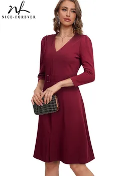 Güzel Sonsuza Kadar Sonbahar Kadın Şık V Boyun Yüzük Patchwork Elbiseler Resmi İş Zarif Flare Elbise A322