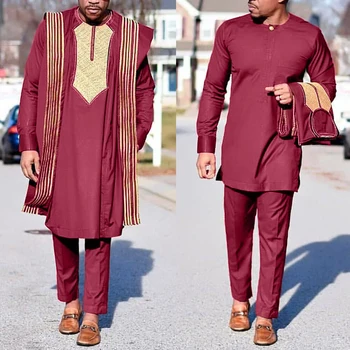 H & D Afrika Agbada Takım Elbise Erkekler İçin İşlemeli Elbiseler Dashiki Kapak Gömlek Pantolon 3 ADET Set Boubou Africain Homme Musulman Toplulukları