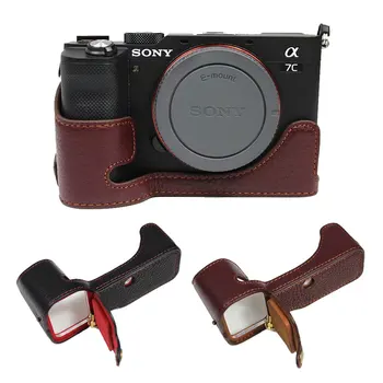Hakiki Deri Kılıf kamera çantası Kapak SONY A7C Alfa 7C ILCE-7C Yarım Vücut Tabanı ile Pil Açılış