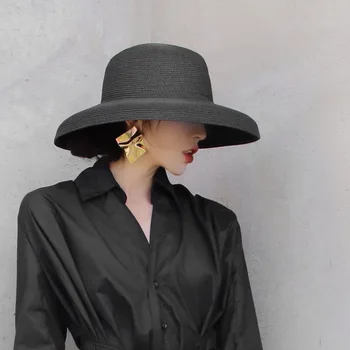 Hasır şapka Kadın Yaz Hepburn Tarzı Vintage Tasarım Kızlar Düz Renk Plaj Tatil Büyük güneşlikli kep