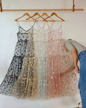 Hirigin Zarif Spagetti Sapanlar Tül Uzun Kadın Elbise Moda Bling Bling See Through Elbise Seksi Moda Sıcak Satış Beachwear