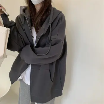 HOUZHOU Kadın Hoodies Harajuku Kore Moda Gevşek Boy Tişörtü Vintage Katı Renk Uzun Kollu Kapşonlu Fermuar Coats