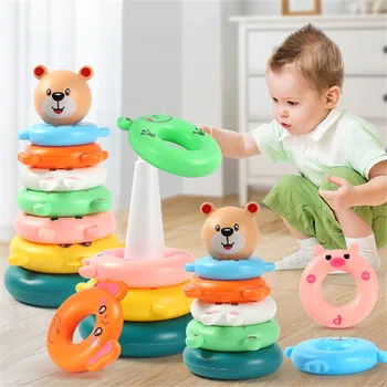 Istifleme Oyuncak Bebek Gökkuşağı Daire çocuk İstifleme Daire Bulmaca Erken Eğitim Halka Renk Bebek oyuncak bebekler İçin 0 6 12 ay