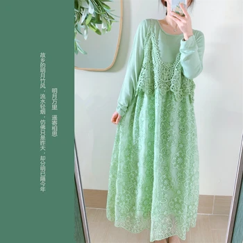 İlkbahar Sonbahar Yeni Orijinal Tasarım Kadın Mori Kei Narin Dantel Nakış Pamuk Örme Sahte Twinset Yeşil Jumper Elbiseler