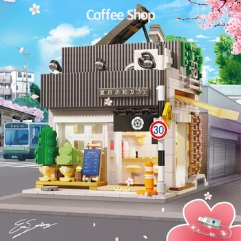 Japon şehir sokak görünümü yaz esinti kahve dükkanı ev mağaza modeli ışık yapı taşları mimari oyuncaklar çocuklar hediye