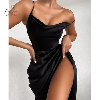 Justchıcc Ruffles Saten Siyah spagetti kemerli elbise Kadın Kolsuz Seksi Dantelli Yan Yarık Parti Elbise Kulübü Bodycon yaz elbisesi