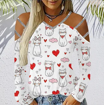 Kadın Bluz Tops Seksi Kapalı Omuz Altın Damgalama kedi Yıldız / Kalp Baskı Karışımı Uzun Kollu T-shirt Bayanlar Zarif İş Kazak