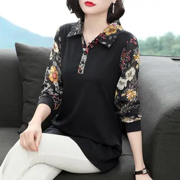 Kadın İlkbahar Sonbahar Stil Bluz Gömlek kadın Turn-Aşağı Yaka Baskılı Patchwork Uzun Kollu Düğme Kore Üstleri SP1086