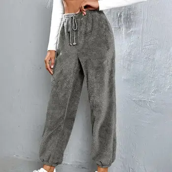 Kadın Kürklü Peluş Sweatpants Joggers Pantolon Gevşek Elastik Bel Çift Taraflı Kadife İpli Polar Sweatpants Streetwear