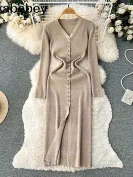 Kadın Örme Kalem Elbise Kore Uzun Kollu Tek göğüslü Elastik İnce Elbise Sonbahar Kış Seksi Bodycon Sıcak Kazak Elbise