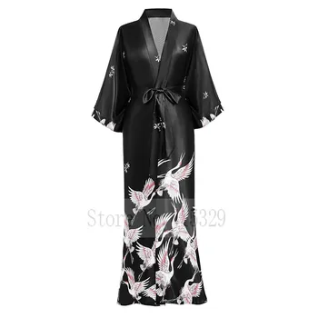 Kadınlar Uzun Kimono Elbise Baskı VİNÇ Gecelik Düğün Parti Hediye Uzun Giyim Gelin Nedime Bornoz Elbisesi Samimi İç Çamaşırı