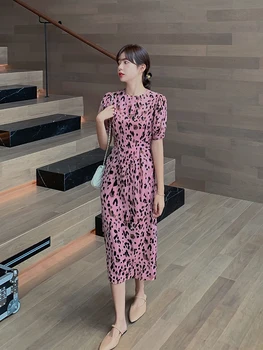Kadınlar Uzun Pembe Şifon Leopar Elbise Yaz 2022 Pist İnce Kore Parti gece elbisesi Rahat Tatil Zarif Elbiseler Kadın