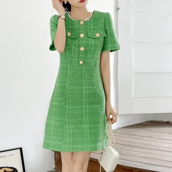 Kadınlar Vintage Tüvit Kabul Bel Gösterisi İnce Yeşil Kabarcık Kısa Kollu Mizaç Küçük Kokulu Rüzgar Zarif Şık kadın elbisesi