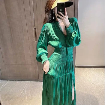 Kadınlar Yeşil V Yaka Yeşil Saten Elbise Uzun kollu Parlak Sahte İpek Elbise Yaz Uzun Pilili Bölünmüş Etek Bayan Elbise Vestidos